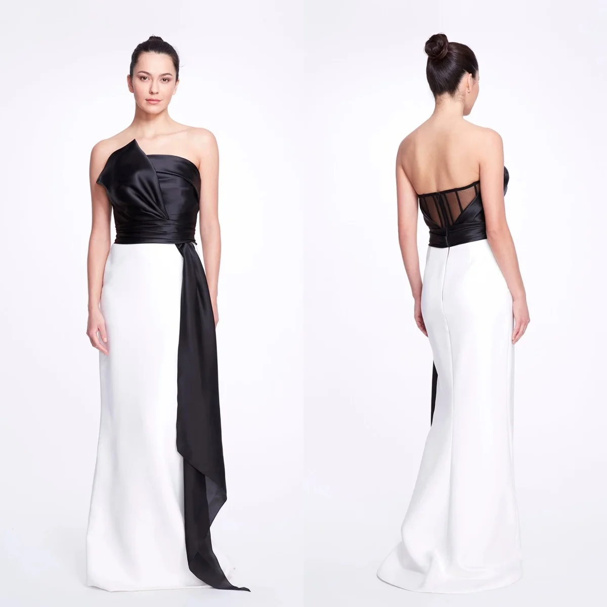 

Black White Evening Dresses Ribbon Sleeveless Satin Women Prom Gowns Vintage Floor Length Customized Mother of Bride Gowns