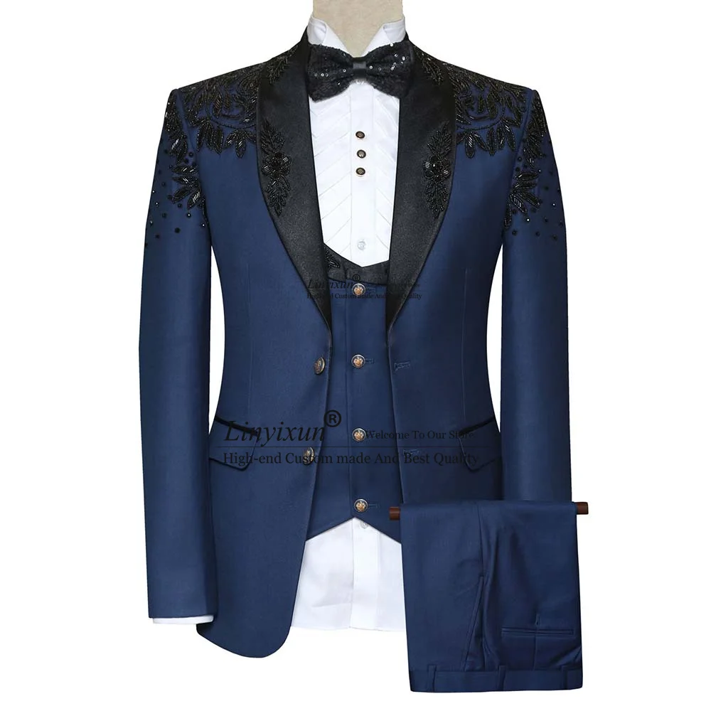 

Luxurious Jewelry Tuxedo Men Suits Groom Wedding 3 Pieces Sets Male Prom Blazers Hand Embroidered Lapel Vest Outfit Ternos