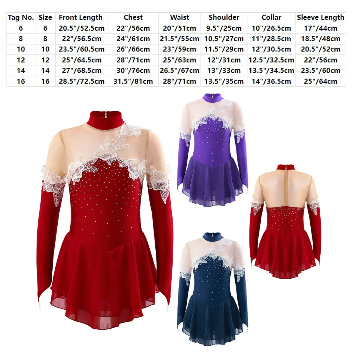 Figure Skating Dress Kids Girls Flower Applique Rhinestone Ballet Gymnastics Leotard Sheer Mesh Ballroom Competition Costume