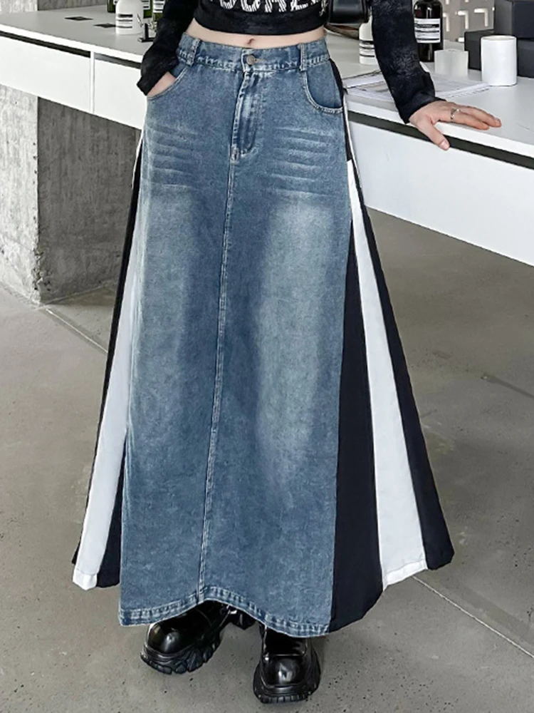 [EAM] High Elastic Waist Blue Denim Color-block Midi A-line Half-body Skirt Women Fashion Tide New Spring Autumn 2024 1DH0646