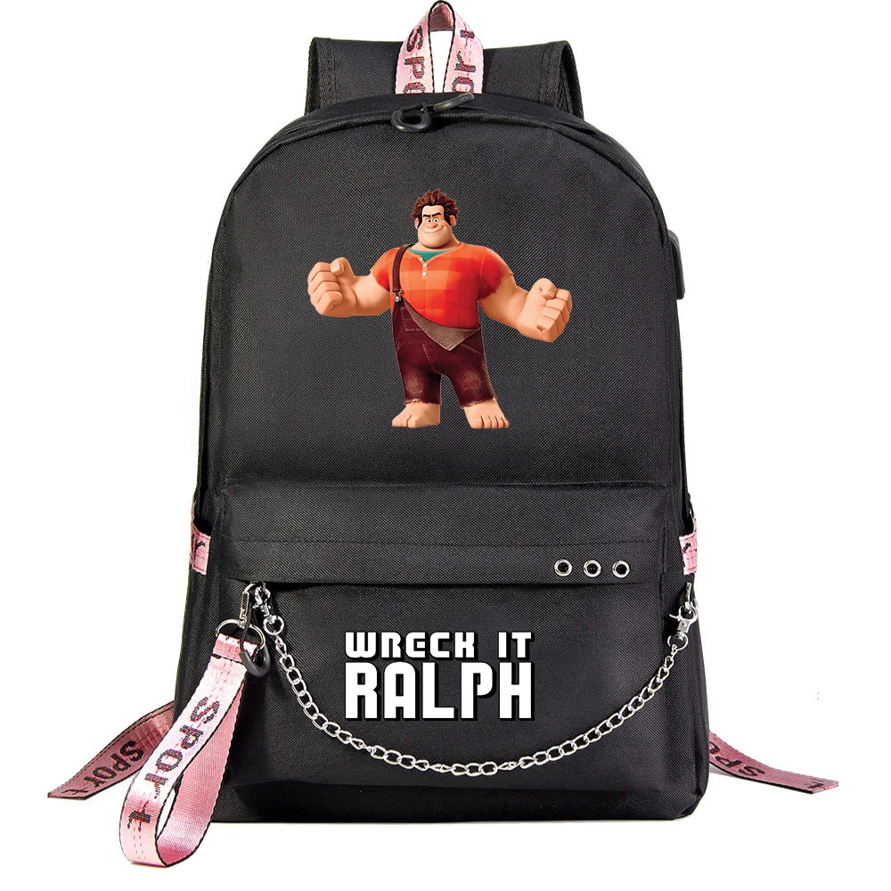 Cartoon Disney Wreck-It Ralph USB Backpack School Bag Laptop Rucksack Women Men Backbag Travel Daypack Chain Backpack Mochilas