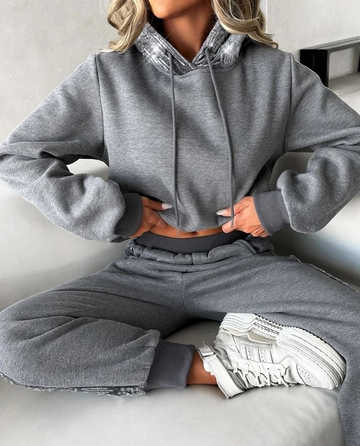 Women's Urban Fashion Tracksuit 2025 Autumn Winter Latest Contrast Sequin Long Sleeved Hooded Sweatshirt & Pocket Sweatpants Set