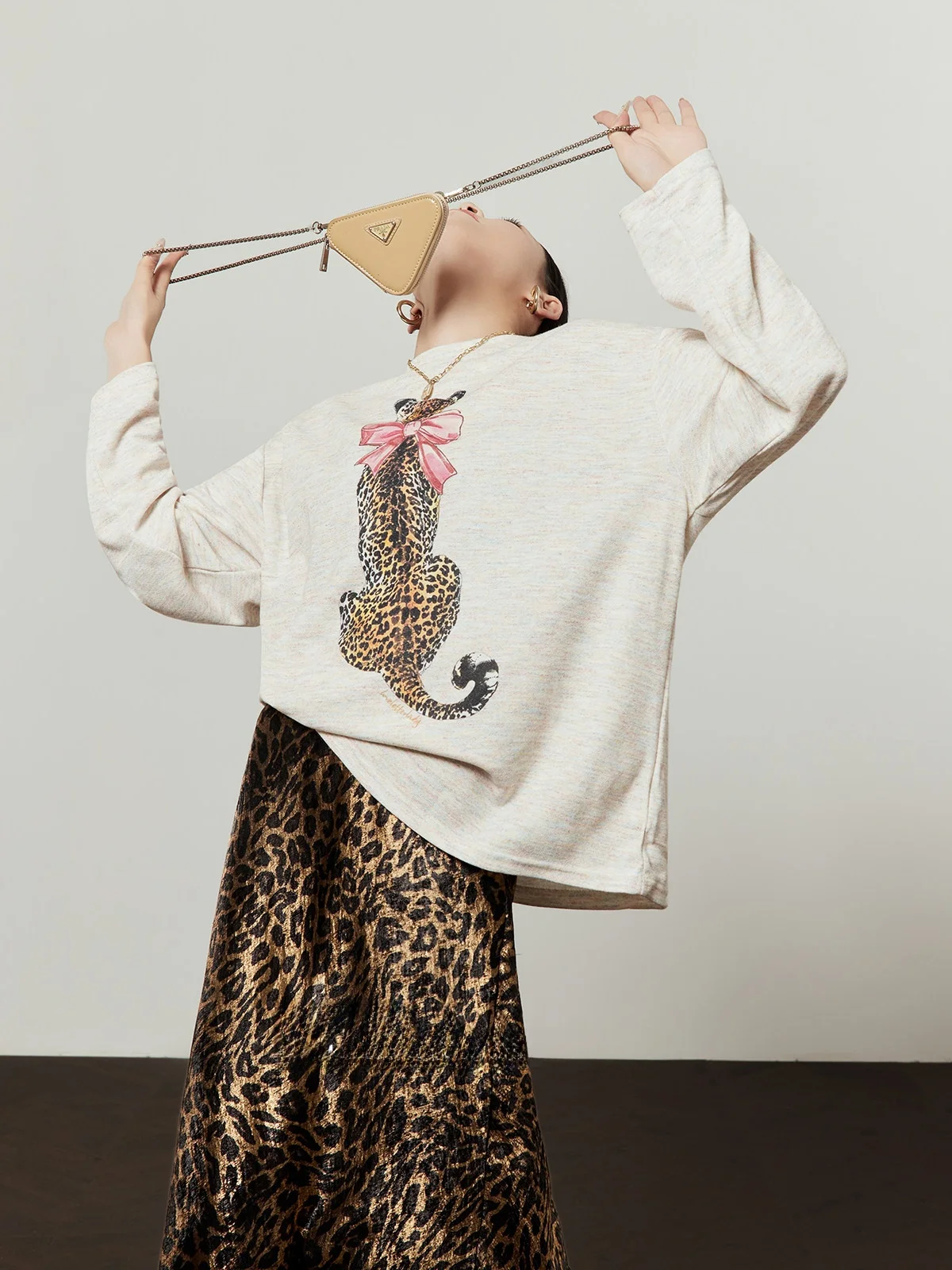 

Spring 2026 Women's Loose Casual T-shirt Knot Leopard Print Floral Gauze Pink Breathable Comfortable Long Sleeve Top