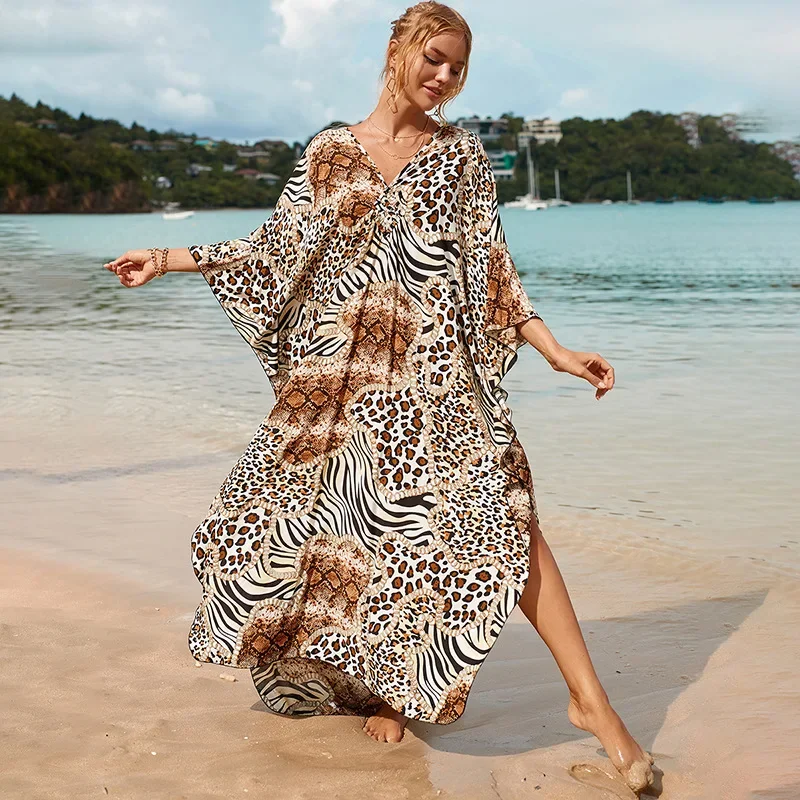 

2025 Summer European American New Women Print Blouse Seaside Holiday Dress Loose Blouse Bikini Swimsuit Gown Outerwear Khaki 2