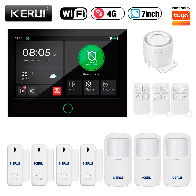 KERUI WiFi + 4G Alarmsysteemkit 7-inch touchscreen inbraakalarm FSK/ASK Beveiligingsbescherming Werkt met Tuya 433MHZ-sensor