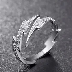 Punk Hip Hop Silver Color Zircon Lightning Open Rings for Men Fashion Jewelry girls boysCreative Adjustable Ring