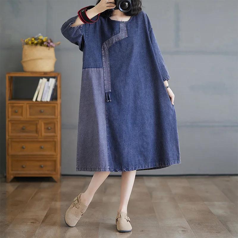 

Knee Length Dress Women Denim Dresses A Line Vestidos Round Neck Full Sleeve Elegant Splice Y2k Streetwear Work Summer 2025