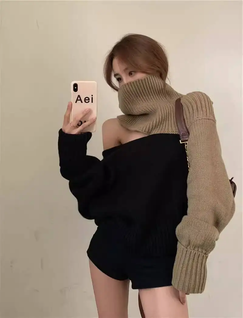 2025 Autumn Sweater Dress Women's Lazy Style Knit Sweater Color Block Design Off Shoulder Multi Way Wear Mid Length Top