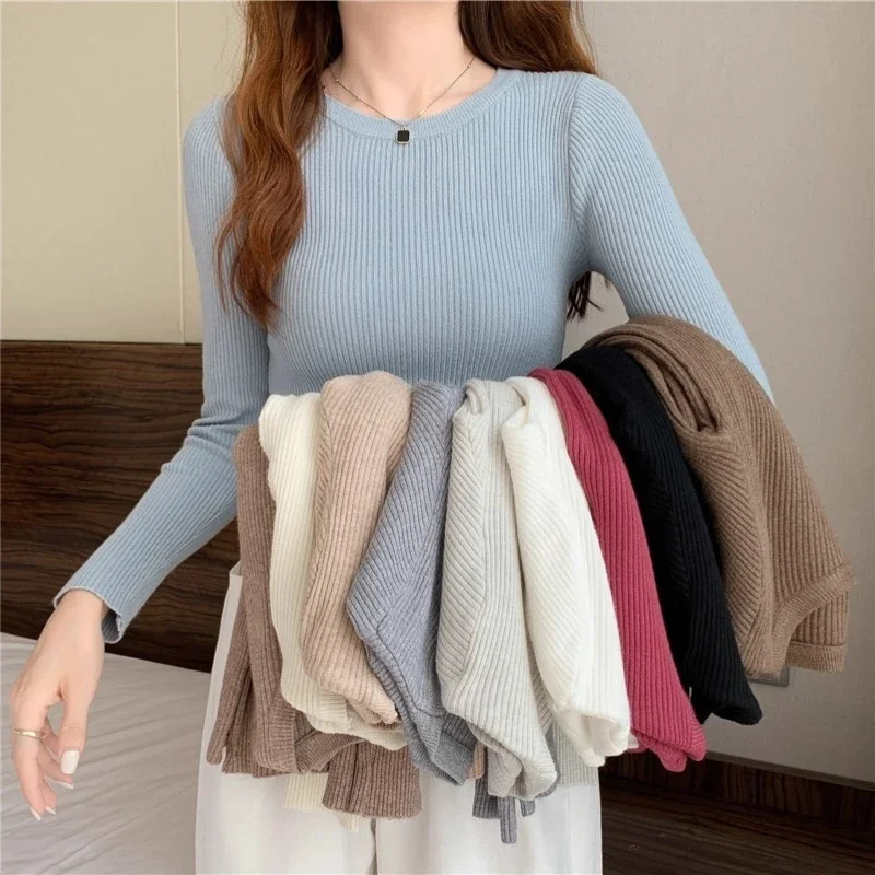 

Autumn Winter Women O-neck Pullover Sweaters Tops Fashion Female Long Sleeve Skinny Elastic Casual Bottoming Knitted Shirts