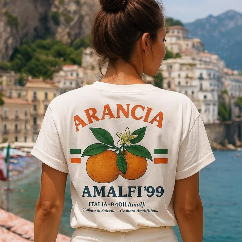 Camiseta Arancia Amalfi'99, camisa Retro italiana con estampado trasero naranja, ropa de calle de verano Unisex, Camiseta de algodón informal estética Vintage