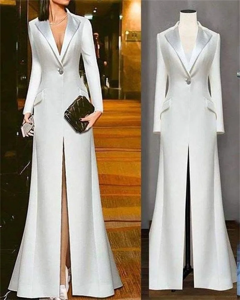 Designer Women Suit Long Blazer Jacket Satin Lapel Maxi Prom Dress Formal Wedding Party Gown Office Lady Coat Tailored Made