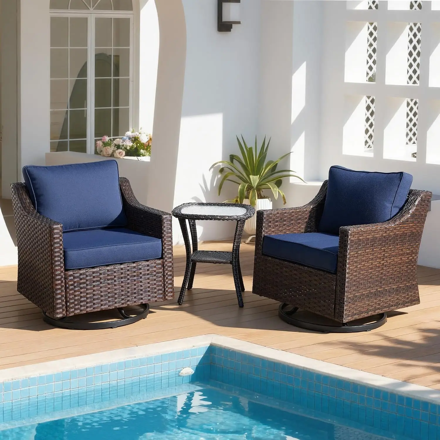 Outdoor Bistro Set 3 Pieces Swivel Rocker Chairs & Side Table, Easy Assembly Porch Deck Yard Wicker Cushioned, Customized