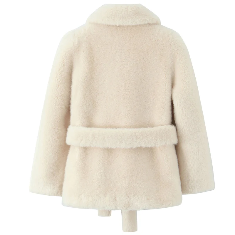 HXAO معطف منفوش باللون البيج معطف فرو نسائي لخريف وشتاء 2025 معطف شعر اصطناعي للنساء حزام مقصوص بأكمام طويلة ملابس خارجية قطيفة