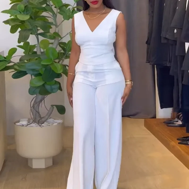 2 Piece Sets Women Outfit 2025 Summer New Solid V-Neck Backless Bow Decor Tops & High Waist Casual Pocket Wide Leg Pants Suit