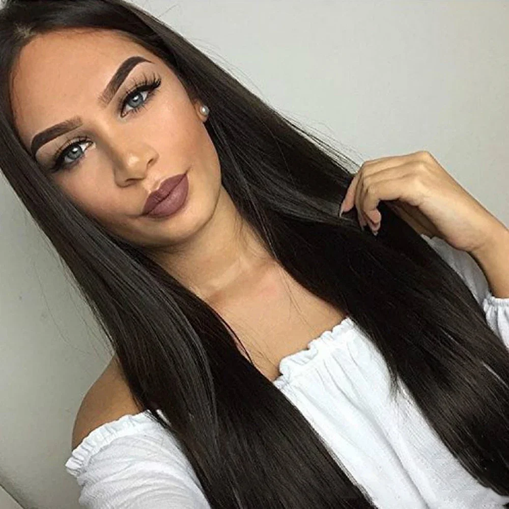 Long Straight Wig 27 Inch Black Wig Center-parted With High Lights Synthetic Hair Wigs for Black Women Daily Use