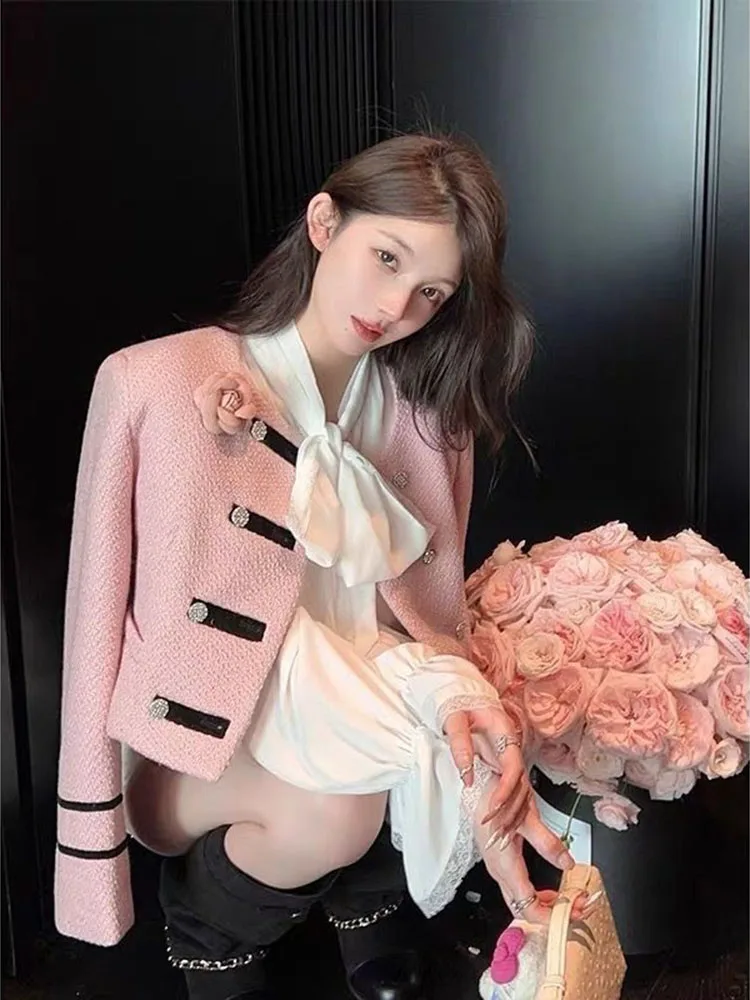 

Autumn Office Ladies Korean Style Long Sleeve 3D Flower Decoration Design Short Tweed Jacket Fashion Temperament Coat