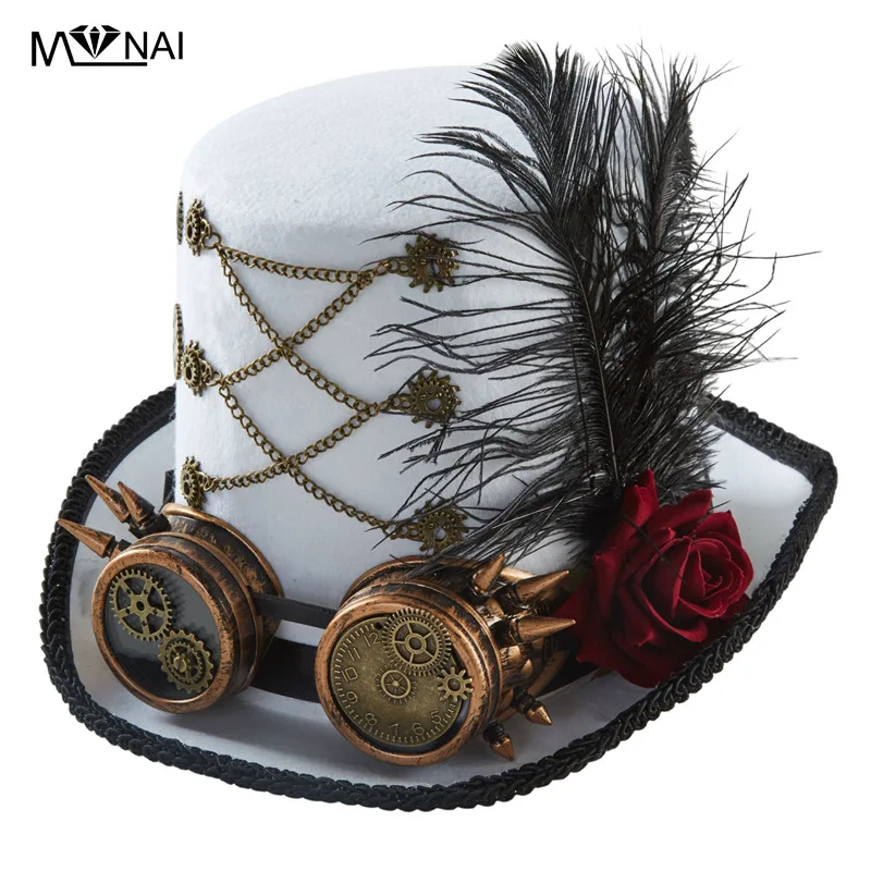 

Unisex Steampunk Cosplay Accessories Punk Hat Gothic Retro Goggles Dark Rose Gear Chain Hat Gothic Watch Gear Feather Decoration