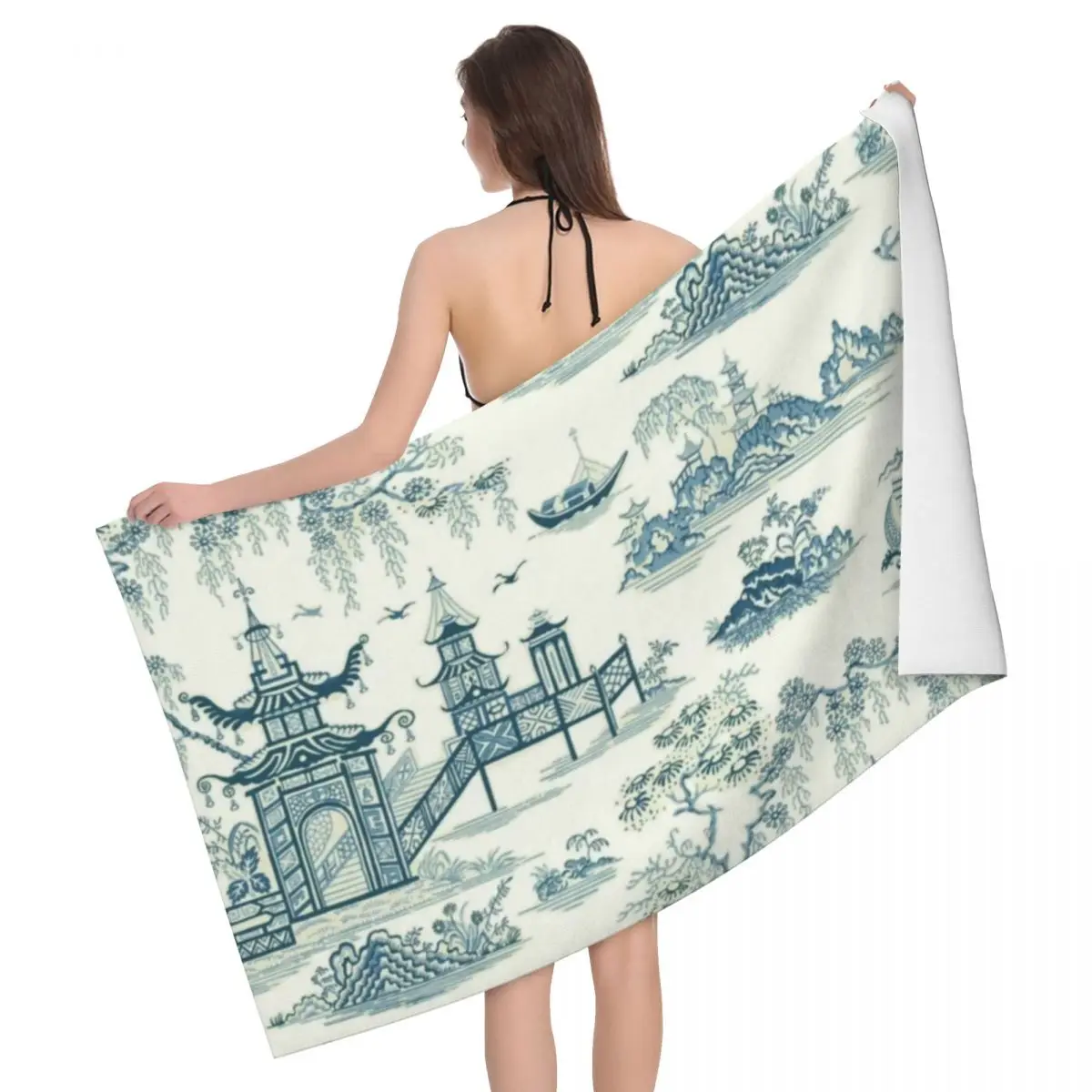 

Custom Oriental Pagoda Chinoiserie Vintage Temple Garden Quick Drying Microfiber Beach Bath Towel Soft Linen Pool Shower Towels