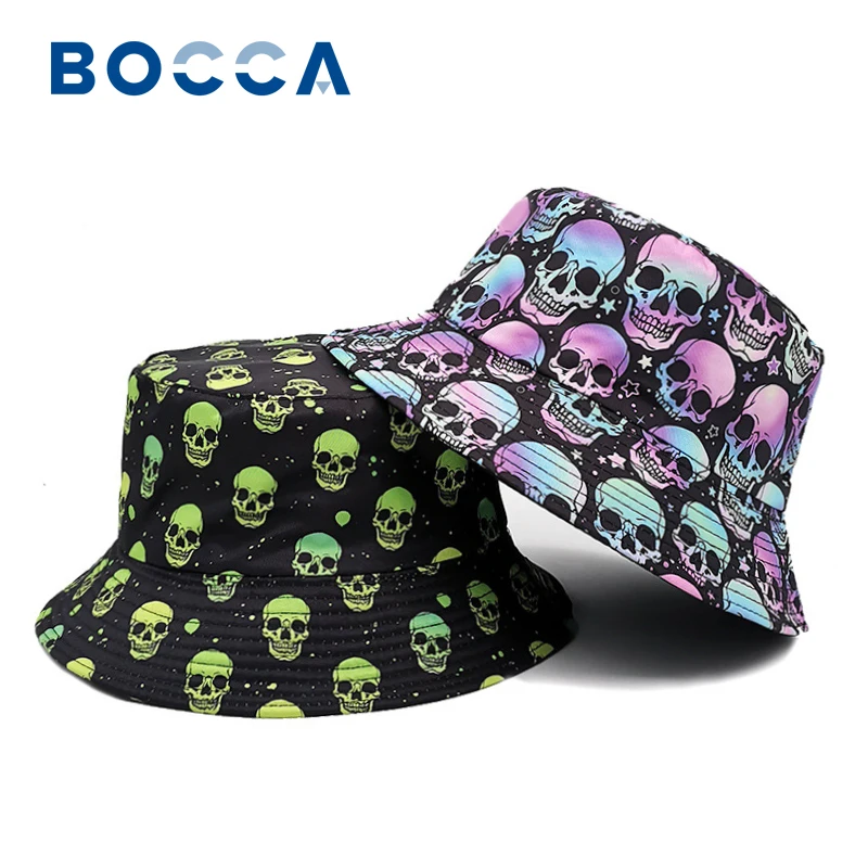 Bocca Skull Bucket Hat Colorful Cartoon Skull Pattern Fisherman Hats Double Sides Panama Cap Travel Outdoor Sunscreen Sunshade