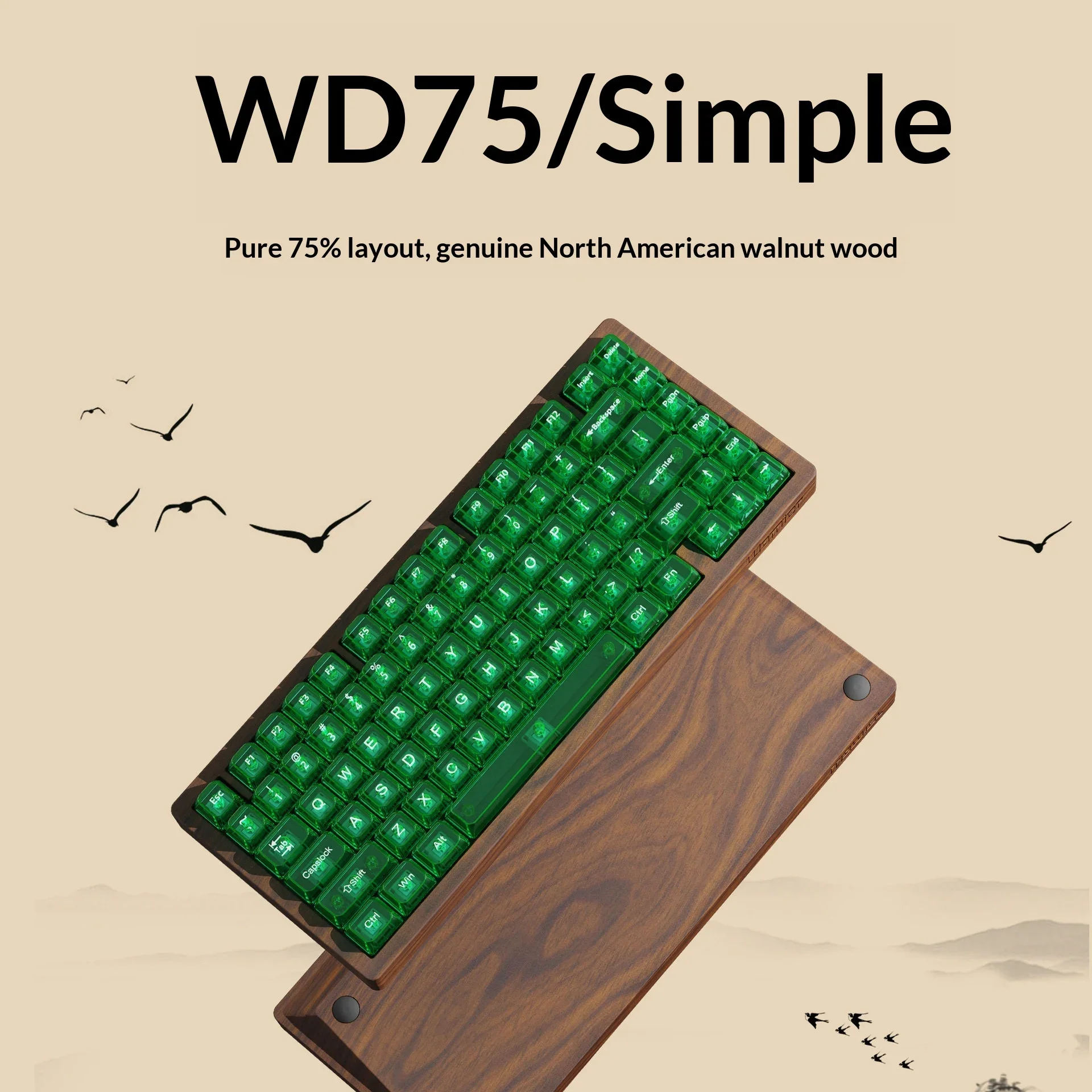 Womier WD75 Wooden Mechanical Keyboard 75% Layout CNC Walnut Wood Case Tri Mode Wireless Bluetooth 2.4G USB C for PC Mac