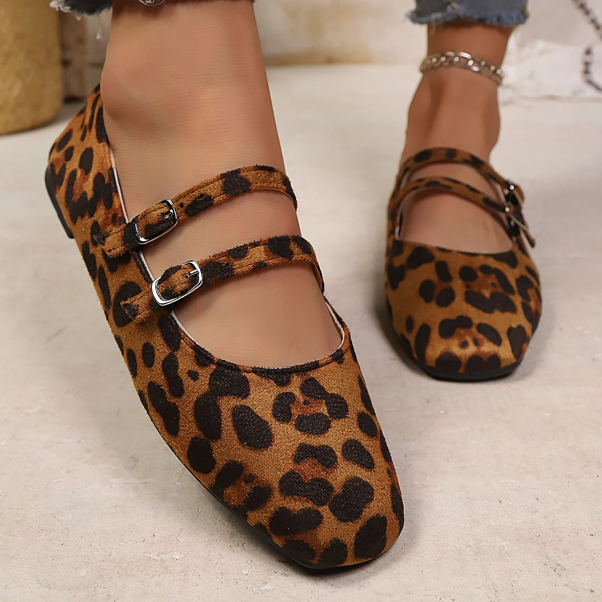 Women Suede Square Toe Double Strap Mary Jane Flats Buckle Slip‑On Soft Flat Shoes Large Size Casual Office Ladies Shoes