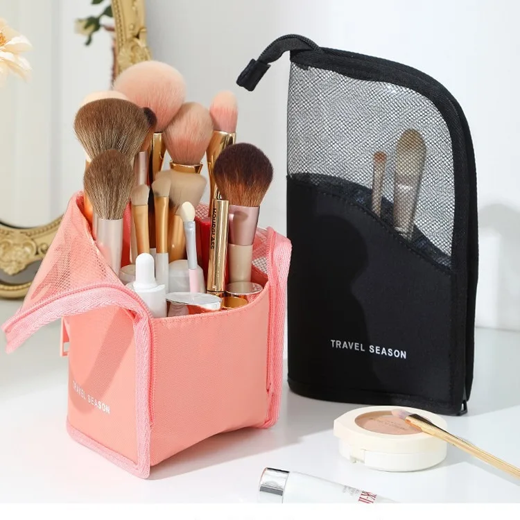 

Makeup Brush Case Makeup Brush Holder Travel Waterproof Cosmetic Bag Stand-up Foldable Makeup Cup with Zipper (Black + Pink)