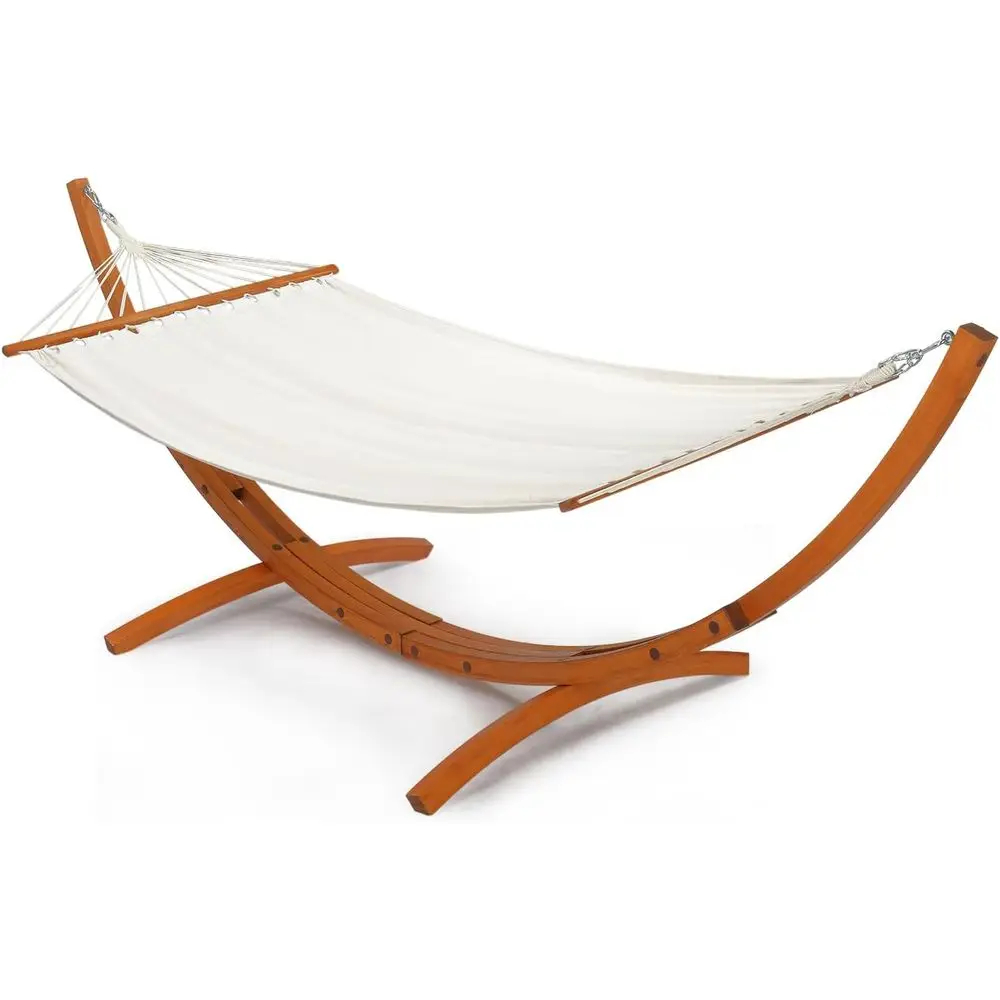 Double Hammock Set with Curved Hardwood Stand - 10.5ft Outdoor Relaxation System (400lb capacity)