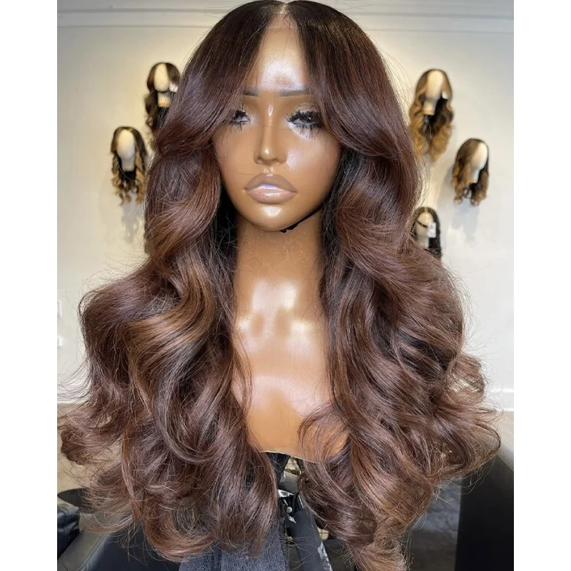Long Brown Blond Highlight  Hair Wig Lace Front Wig Ombre Pre Plucked Wigs