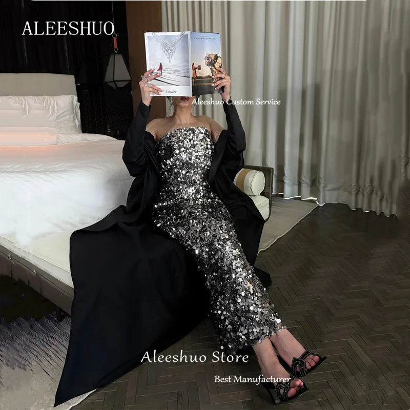 Moderne Meerjungfrau-Pailletten-Abschlussballkleider, plissiert, trägerlos, halbe Ärmel, langer Zug, Party, formelles Abendkleid, sexy, rückenfrei, individuell