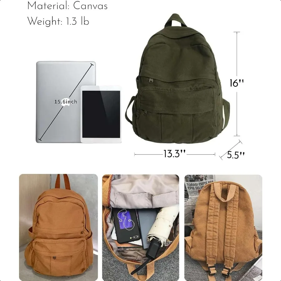 Mochila militar de lona verde para mulheres homens retro estética mochila básica para estudantes universitários do ensino médio viagem la