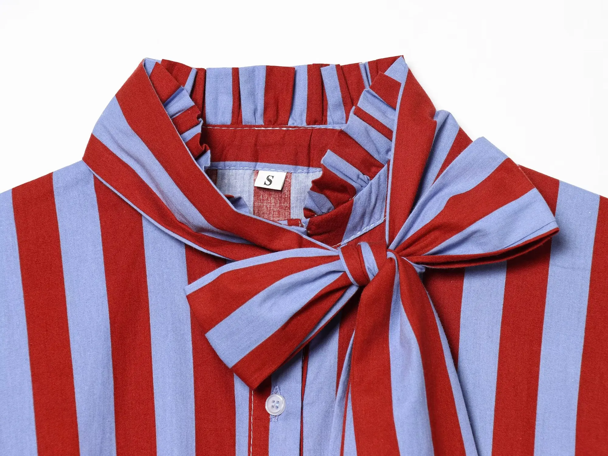 HH Damen Sommer Gestreifte Bluse mit Schleife, Rüschenkragen, Ärmellos, Knopfleiste, Peplum-Top im Preppy-Stil, Lässig für Abschlussfeier und Urlaub – Detail 5