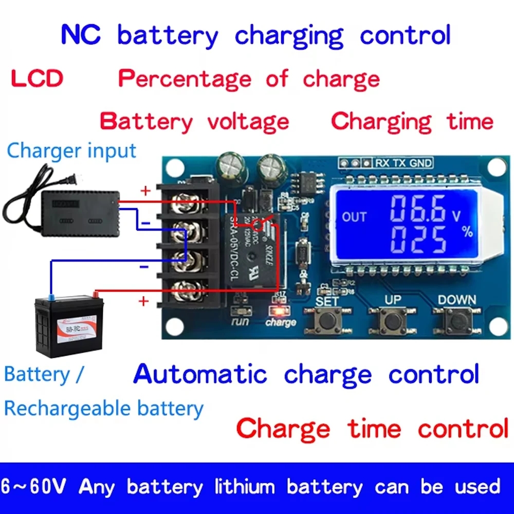 30A 10A Battery Charging Control Protection Board 6-60V LCD Display Automatic Charge Time Control UART TTL Setting Module