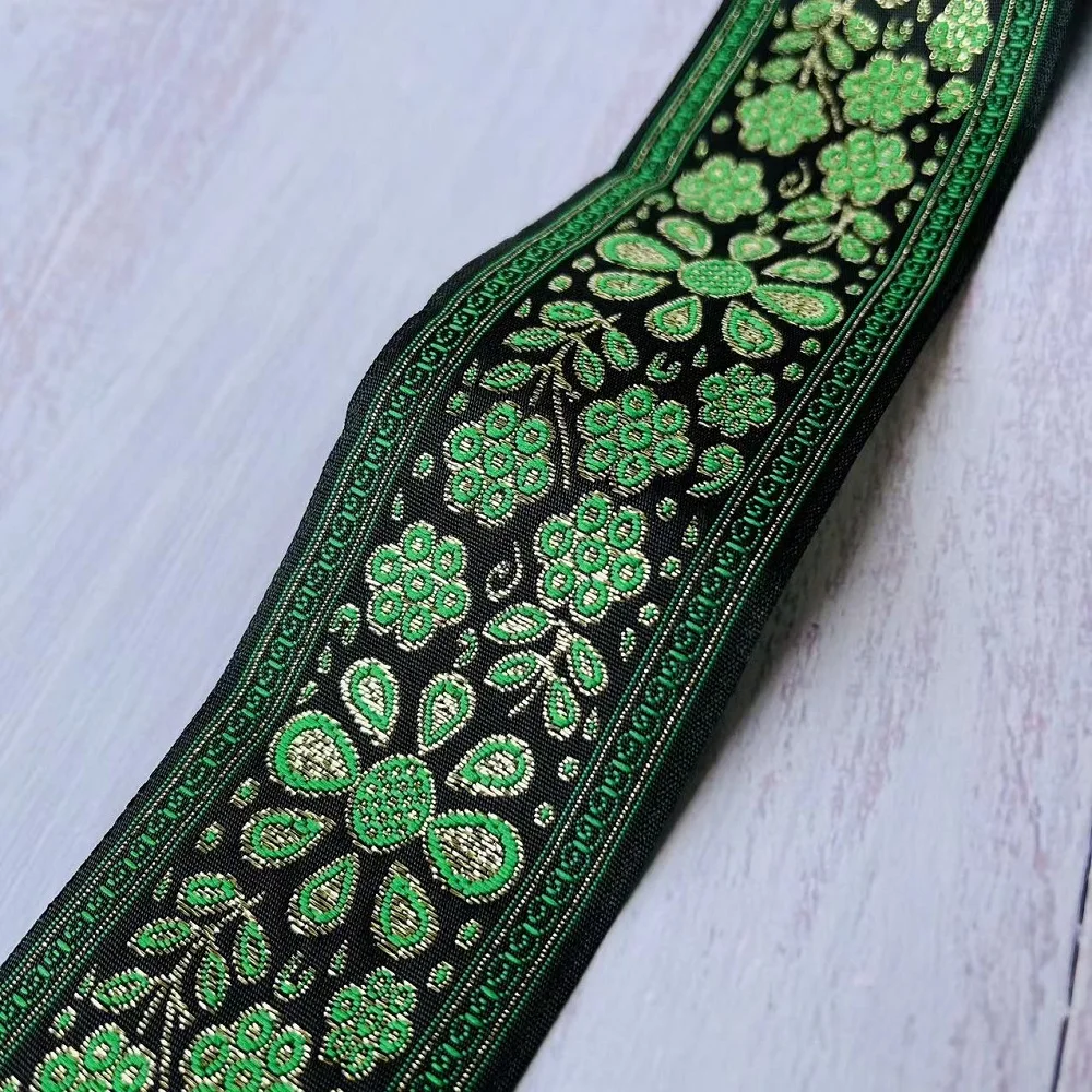 10yards/lots Woven Jacquard Ribbon 5cm  black background green flowers pattern IS-2934