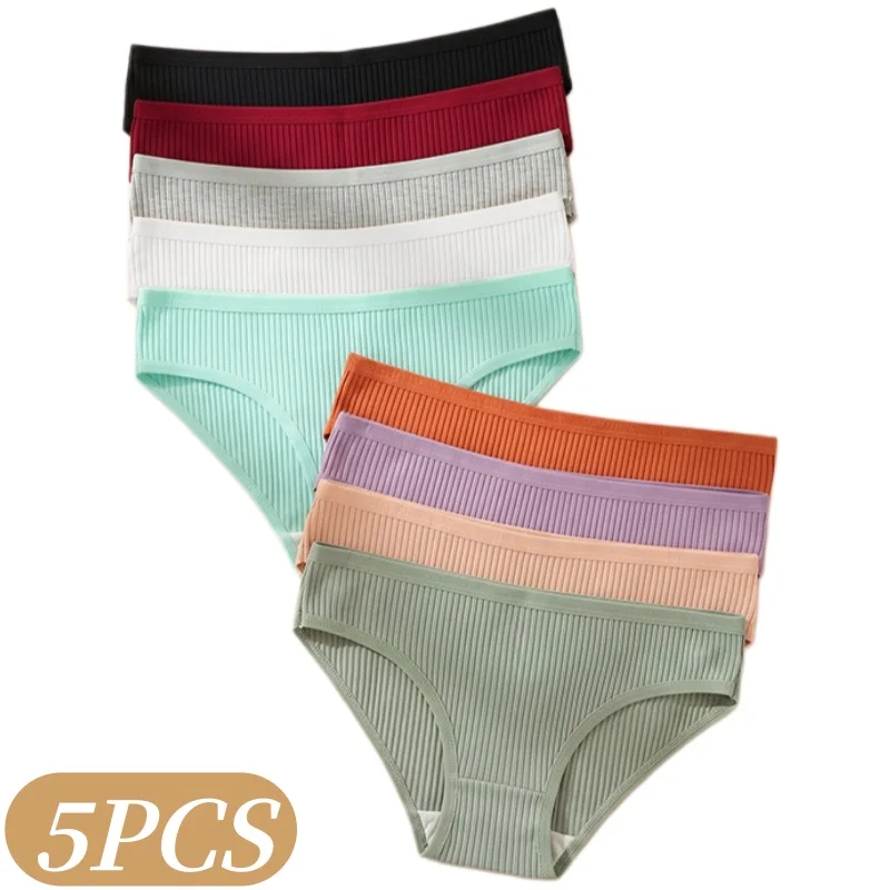 5-teiliges Set Damen Baumwoll-Slips, gerippte Strick-Slips, mehrfarbig, bequem, dehnbar, weiche Alltagsunterwäsche, sexy Damen-Lingerie, Größen S-XXL