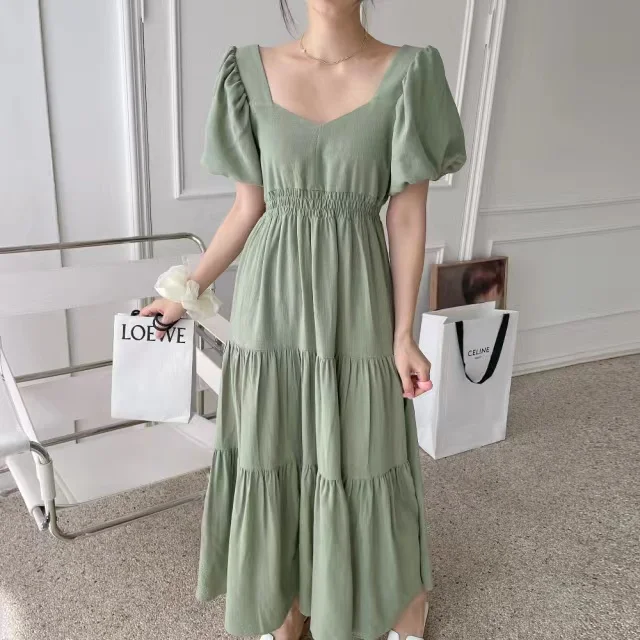 พัฟแขน Chic ฤดูร้อนชุดจีบยาวผู้หญิงแฟชั่นเกาหลีหลวมเสื้อผ้าฝ้ายผู้หญิงสุภาพสตรีชุด Vestidos