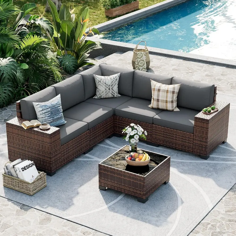 

8 Inch Armrest Outdoor Sectional Sofa Set, 6-Piece Wicker Patio Furniture with Waterproof Cover for Backyard Deck (Brown/Grey)