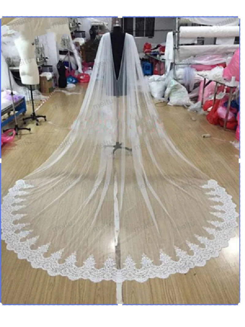 Voile châle blanc cathédrale voile de dentelle de mariée: 300cm, 350cm, 400cm, cape de mariée de 500cm de long, garniture en den