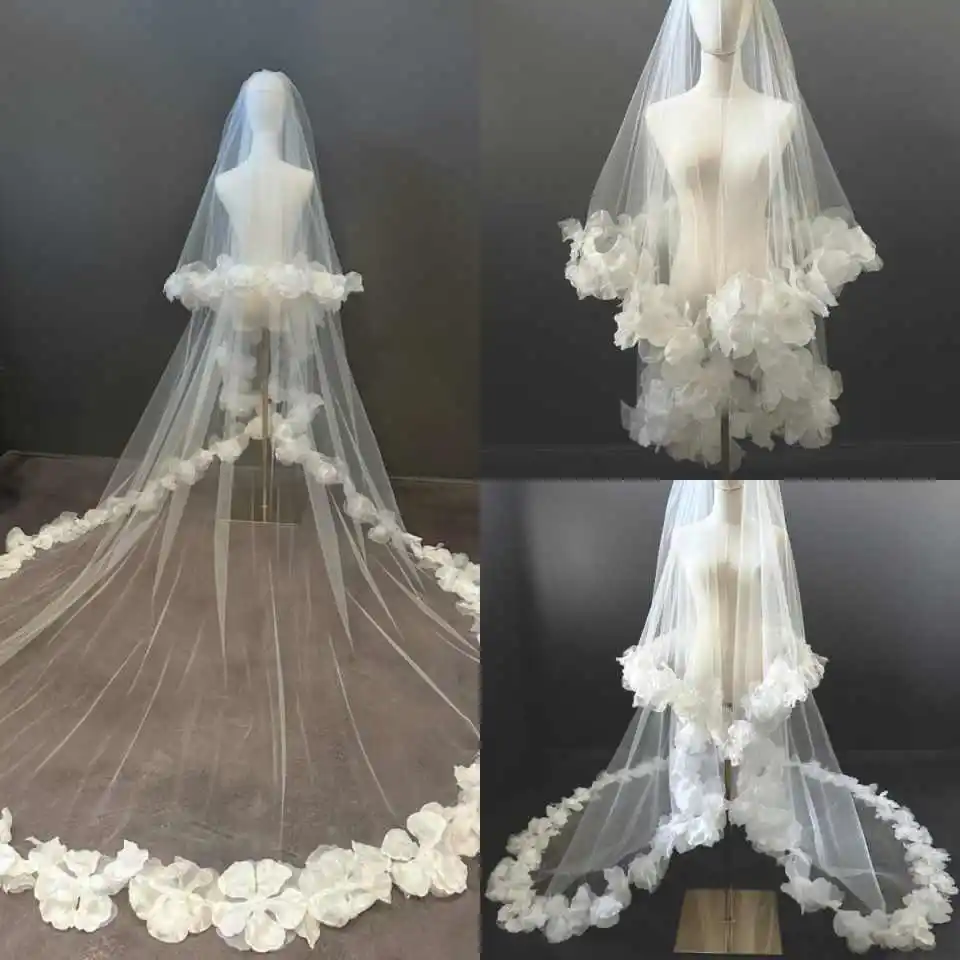 

Elegant Wedding Bridal Veils Two-Layer 3M Cathedral Tulle 3D Flower Appliques For Wedding Bride Women Accessories