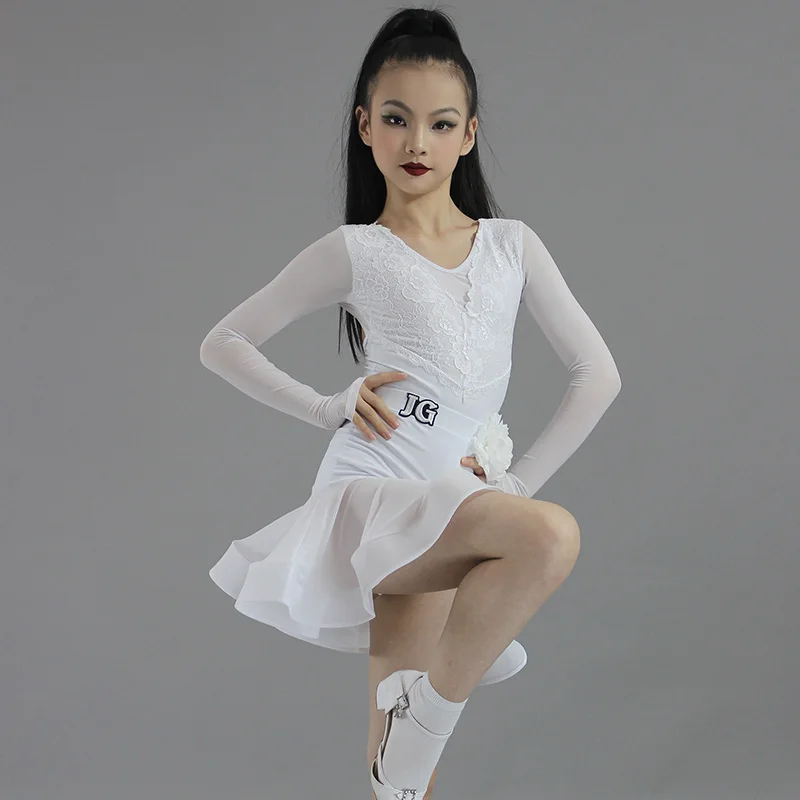 Latin Dance Dress White Lace Three-dimensional Flower Latin Skirt Mesh Hollow Back Girls Performance Dress Costume DQL9422