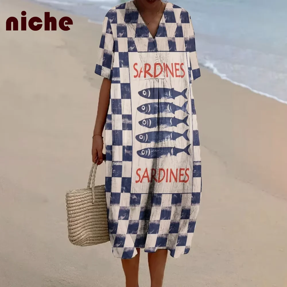 

Chic Sardines Plaid Graphic Printing Women's Dress Loose And Comfortable Soft Bamboo Hemp Fabric New Beach Skirt