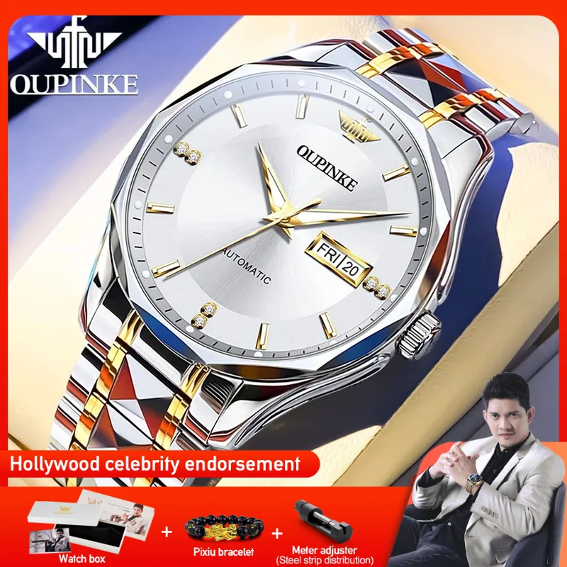 

﻿OUPINKE 3295 Mens Watch Automatic Mechanical Watch﻿ 50M Waterproof Tungsten Steel Sapphire Day-Date Watches Luxury Men Original