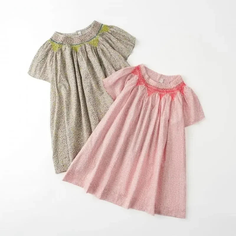 2024 Vintage Summer Dress For Baby Girls Children Floral Embroidery Clothing Kids Smocked A-Line Casual Loose One-Piece Dresses