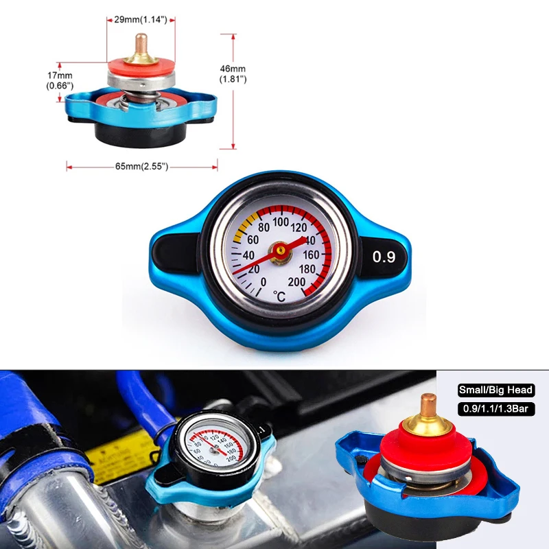 Car Automobile Styling SPSLD Thermo Radiator Cap Tank Cover Water Temperature Gauge with Utility Safe 0.9 Bar/ 1.1 Bar/1.3 Bar