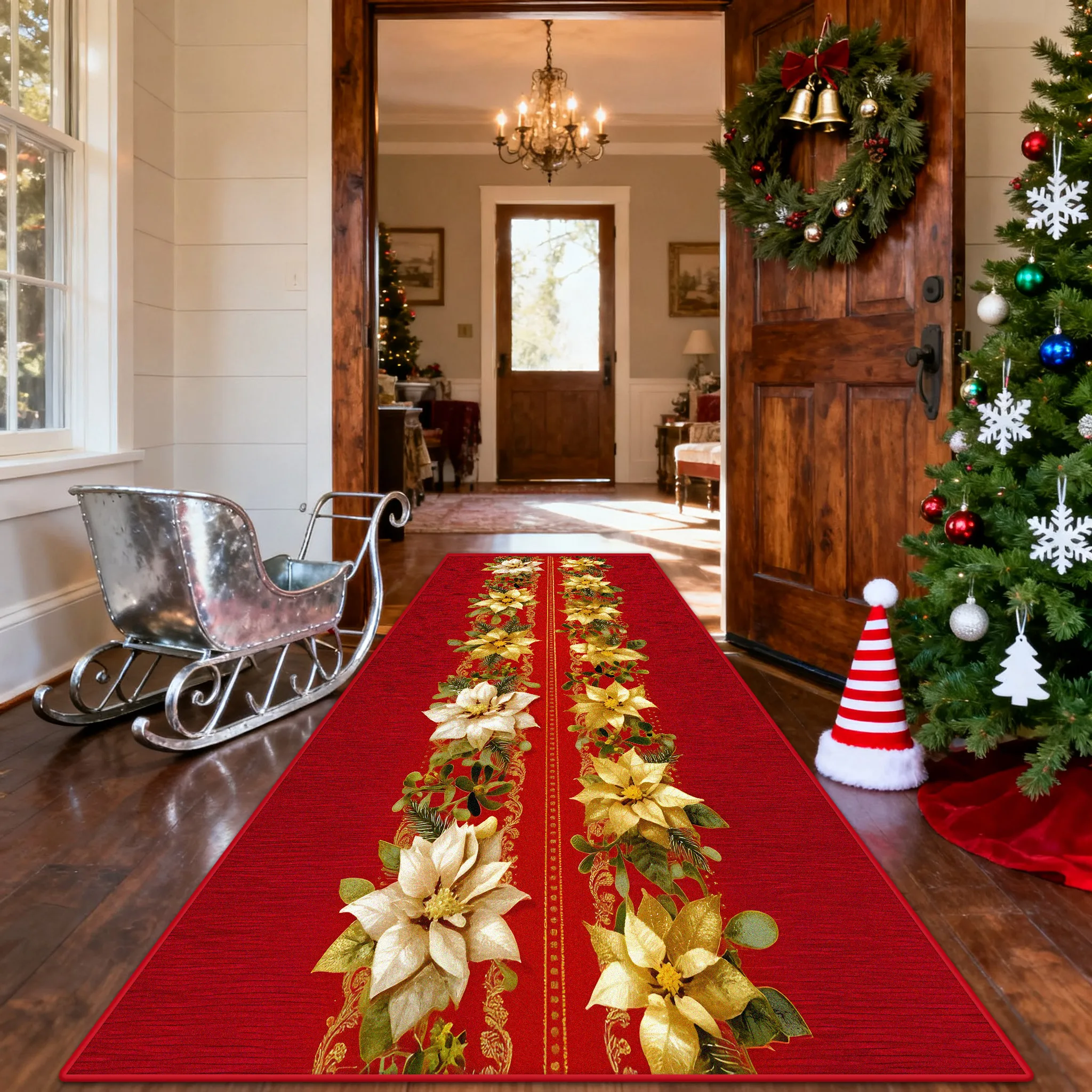 Poinsettia Luxury Long Corridor Carpet Christmas Party Entryway Runner Rug Hotel Lobby Washable Non-slip Foot Mat Customizable