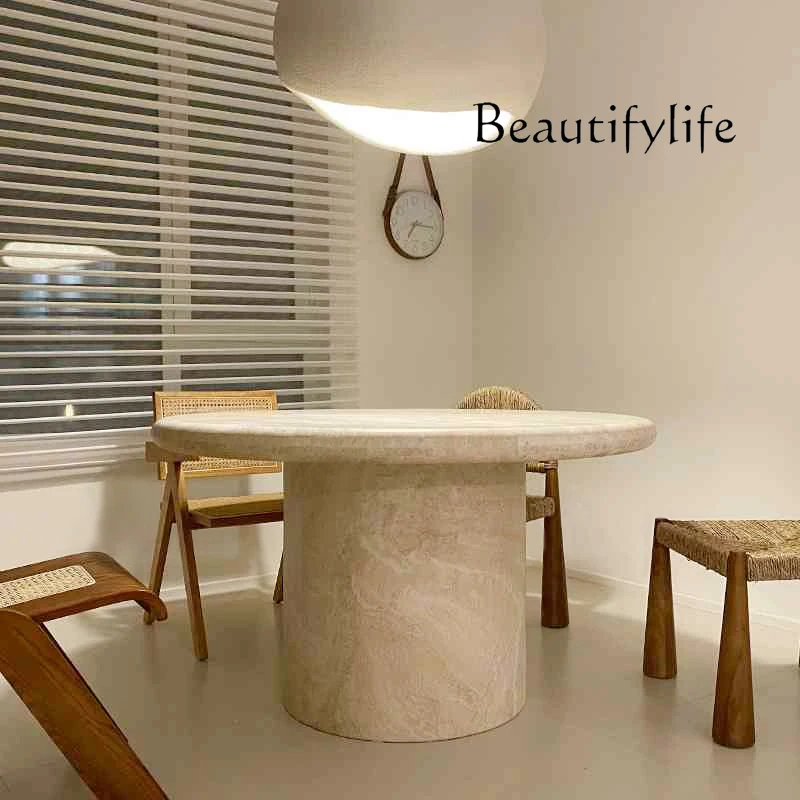 

Natural travertine dining table high-end light luxury modern marble designer creative Nordic home round table