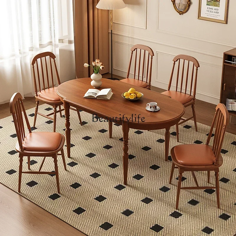 

02ld14French Retro Solid Wood Dining Table Small Apartment Living Room Home Oval Table