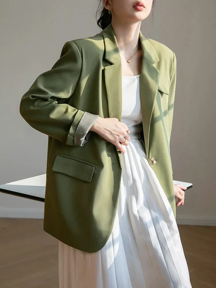 

GIDYQ Green Long Sleeve Blazers Women Korean Elegant Office Lady Suit Jacket Fashion Chic Loose Single Button Blazers Autumn