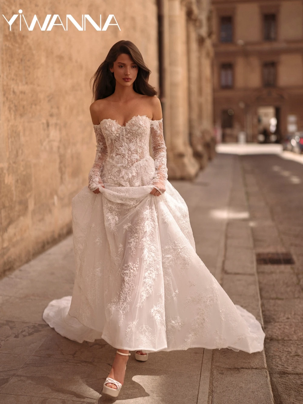 

Stunning Dreamy Beaded Long Wedding Dress Off Shoulder A-line Lace Bridal Gown Customized Sweetheart Neck Dresses For Bride