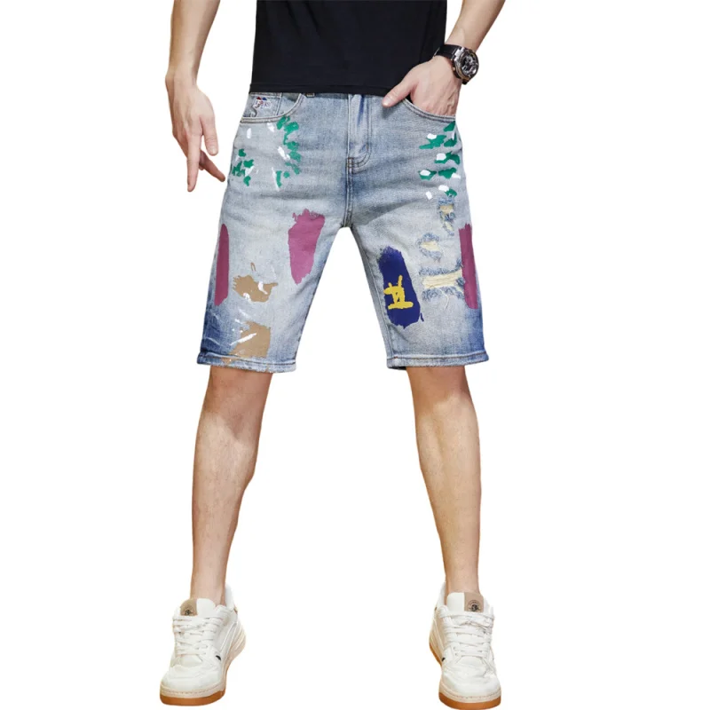 

Jdk68 high end big bull Tide brand American printed ripped hole slim fit patch casual straight leg denim shorts for men