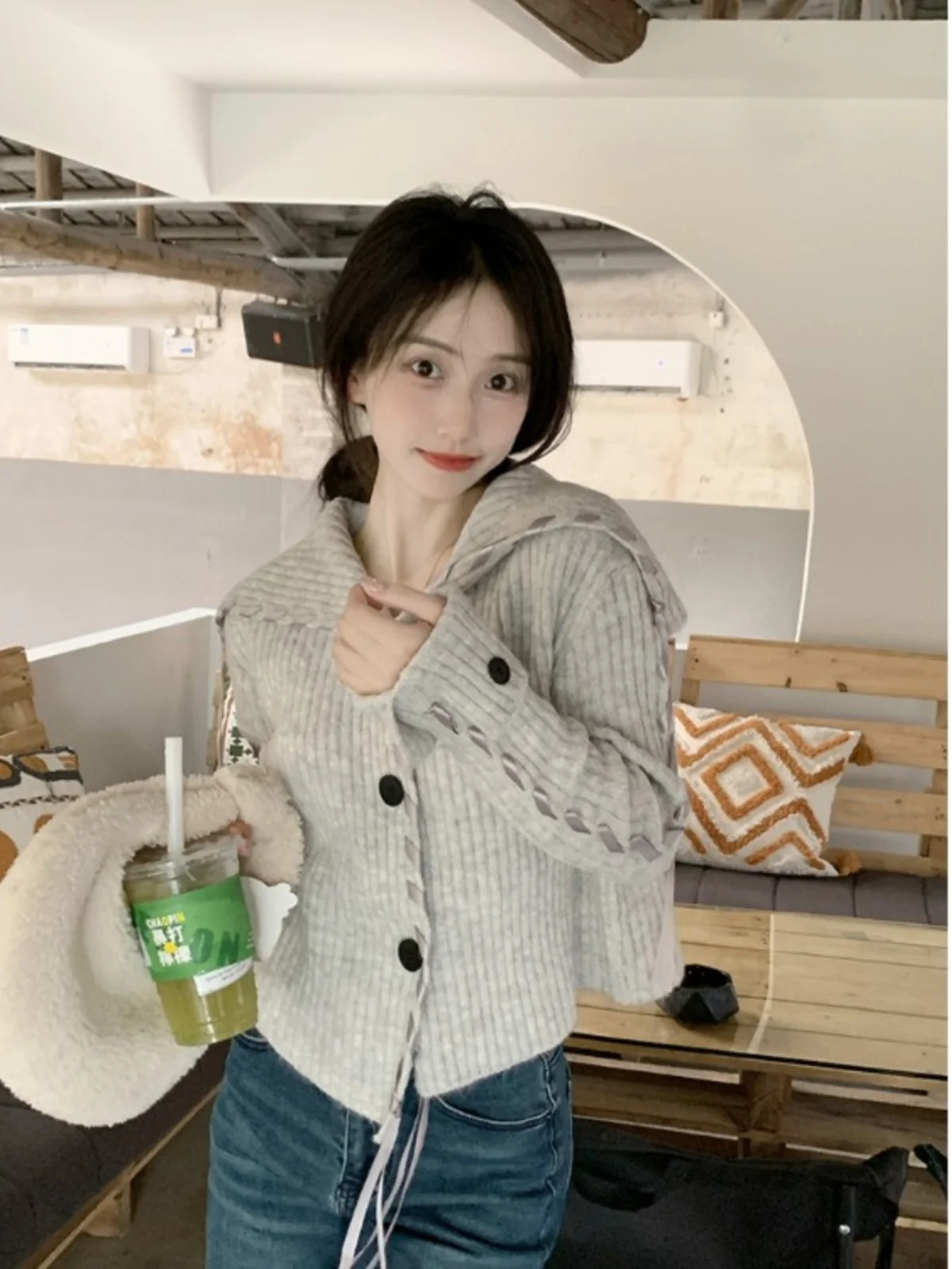 

Retro Navy Sa Collar Open Cardigan Knitted Sweater Outerwear Autumn Winter Loose Design Sense Women's Sweet Sle Long S...